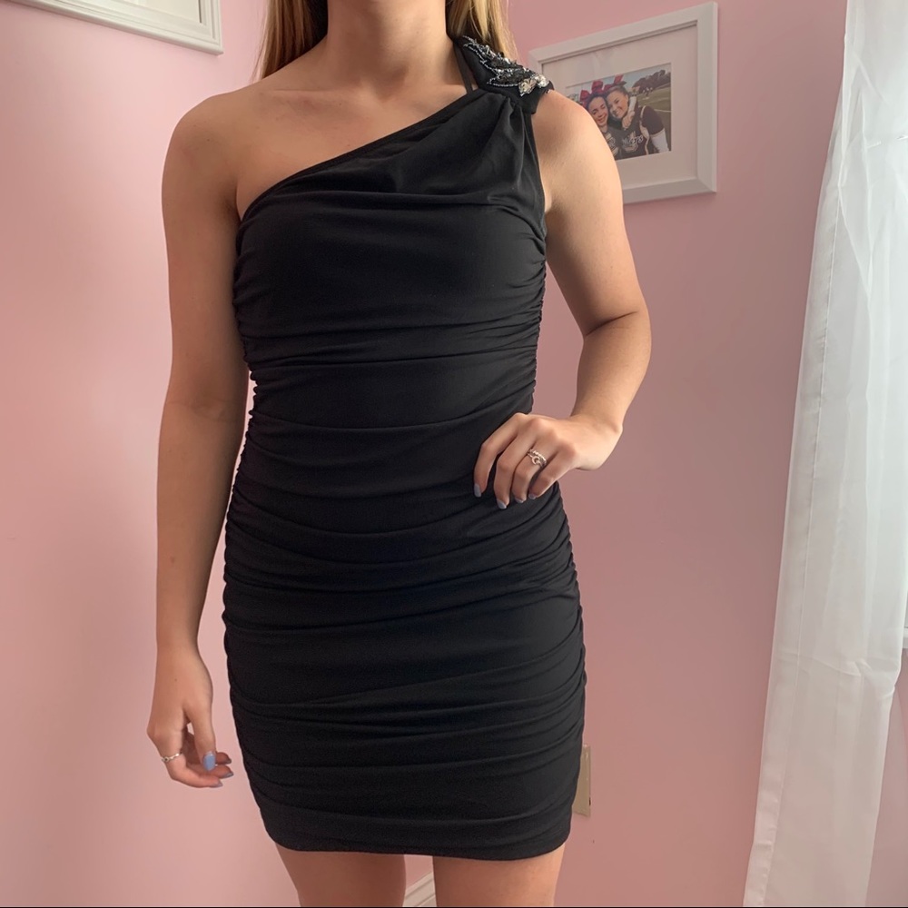 Black One Shoulder Beaded Mini Dress